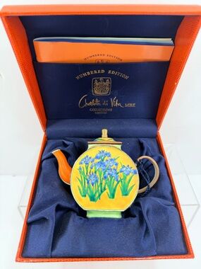 Vintage Charlotte Di Vita Miniature Hand Painted Copper Enamel Teapot Blue Iris